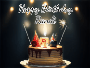 Happy Birthday Randi GIF: Animated birthday cake gif with sparklers on a dark background. Personalize up to 3 lines of text.