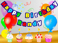 Happy Birthday Randy GIF: Animated happy birthday gif with a party balloon background, a row of cupcakes, and birthday banner to customize.