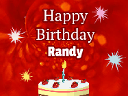 Happy Birthday Randy GIF: A bright red happy birthday gif animated with a cake candle, and glitter and sparkles. Customize with name.