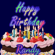 Happy Birthday Randy GIF: A dark blue birthday gif with a beautiful cake with flickering candles, background sparkles and a name to customize.
