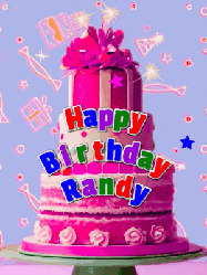 Happy Birthday Randy GIF: A big beautiful birthday cake gif with falling confetti, sparklers, and balloons, reads Happy Birthday Name. Customize it.