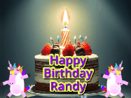Happy Birthday Randy GIF: An animated gif with 2 unicorns and a birthday candle on a cake.