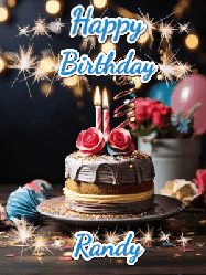 Happy Birthday Randy GIF: Sparkles and glitter happy birthday gif with a cake and flickering candles and sparklers behind the words happy birthday customize