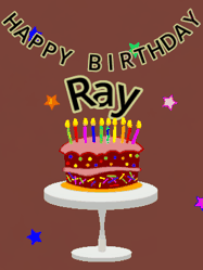 Happy Birthday Ray GIF: Animated birthday gif of a chocolate cartoon cake and stars. Animated text can be customized with name.