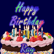 Happy Birthday Ray GIF: A dark blue birthday gif with a beautiful cake with flickering candles, background sparkles and a name to customize.