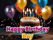 Happy Birthday Ray GIF: A birthday cake with flickering candles gif with text reading Happy Birthday and a Name slot to customize