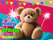 Happy Birthday Ray GIF: A cute birthday teddy bear animated birthday gif with the bear holding sparklers and text to customize.