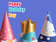 Happy Birthday Ray GIF: Animated happy birthday gif with showing 3 party hats and confetti bursting over them.
