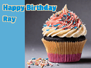 Happy Birthday Ray GIF: Sparkles fly past in this animated birthday gif showing a cupcake and up to 4 lines of birthday gretting to customize.