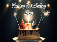 Happy Birthday Ray GIF: Animated birthday cake gif with sparklers on a dark background. Personalize up to 3 lines of text.