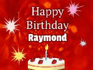 Happy Birthday Raymond GIF: A bright red happy birthday gif animated with a cake candle, and glitter and sparkles. Customize with name.