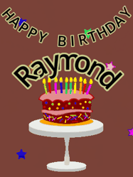 Happy Birthday Raymond GIF: Animated birthday gif of a chocolate cartoon cake and stars. Animated text can be customized with name.
