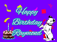 Happy Birthday Raymond GIF: Silly happy birthday gif with a cute dog in a corner and rainbow animation confetti. Birthday cake in order with candle.