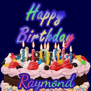 Happy Birthday Raymond GIF: A dark blue birthday gif with a beautiful cake with flickering candles, background sparkles and a name to customize.