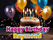 Happy Birthday Raymond GIF: A birthday cake with flickering candles gif with text reading Happy Birthday and a Name slot to customize