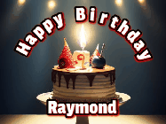 Happy Birthday Raymond GIF: Animated happy birthday gif with a cake and flickering candles with colorful falling confetti and text reading Happy Birthday
