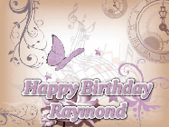 Happy Birthday Raymond GIF: Classical birthday gif background with colorful musical notes floating past and a name you can customize, reads Happy Birthday.