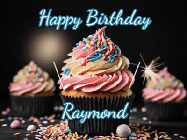 Happy Birthday Raymond GIF: A delicious cupcake gif with animated sparkles reading Happy Birthday with a name to customize