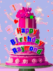 Happy Birthday Raymond GIF: A big beautiful birthday cake gif with falling confetti, sparklers, and balloons, reads Happy Birthday Name. Customize it.