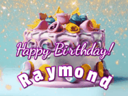 Happy Birthday Raymond GIF: A beautiful birthday cake gif with animated sparkles and glitter Happy Birthday Name you can customize