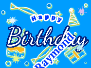 Happy Birthday Raymond GIF: A blue happy birthday gif with birthday drawings, sparkles, and a name you can customize.