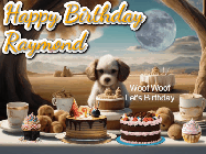 Happy Birthday Raymond GIF: Animated birthday gif with a dog at a fancy birthday table loaded with cakes as hearts appear. It reads Happy Birthday Customize.