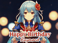 Happy Birthday Raymond GIF: Anime girl holding a birthday cake and an animated sword falls into it. Text reads Happy Birthday Customize