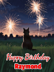 Happy Birthday Raymond GIF: An animated gif at night showing the backside of a sitting cat who watches sparkle and fireworks over a meadow. Customize name and happy birthday.