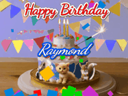 Happy Birthday Raymond GIF: Happy Birthday Cake GIF with a cat, lamb, and squirrel on the cake with flickering candles, a sparkler, and falling confetti. Reads Happy Birthday Name and you can customize the name
