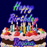 Happy Birthday Regina GIF: A dark blue birthday gif with a beautiful cake with flickering candles, background sparkles and a name to customize.