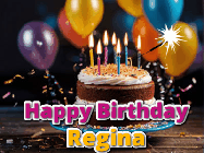 Happy Birthday Regina GIF: A birthday cake with flickering candles gif with text reading Happy Birthday and a Name slot to customize
