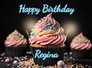 Happy Birthday Regina GIF: A delicious cupcake gif with animated sparkles reading Happy Birthday with a name to customize