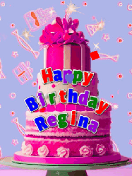 Happy Birthday Regina GIF: A big beautiful birthday cake gif with falling confetti, sparklers, and balloons, reads Happy Birthday Name. Customize it.