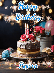 Happy Birthday Regina GIF: Sparkles and glitter happy birthday gif with a cake and flickering candles and sparklers behind the words happy birthday customize