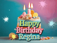Happy Birthday Regina GIF: A colorful animated Happy Birthday Cake GIF with swirling sparkles and flickering candles. It reads Happy Birthday Name