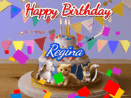Happy Birthday Regina GIF: Happy Birthday Cake GIF with a cat, lamb, and squirrel on the cake with flickering candles, a sparkler, and falling confetti. Reads Happy Birthday Name and you can customize the name