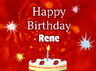 Happy Birthday Rene GIF: A bright red happy birthday gif animated with a cake candle, and glitter and sparkles. Customize with name.