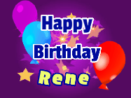 Happy Birthday Rene GIF: A lovely purple birthday gif animated with moving text, a balloon, and bubbles. Customize it.