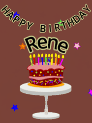 Happy Birthday Rene GIF: Animated birthday gif of a chocolate cartoon cake and stars. Animated text can be customized with name.