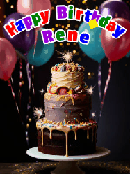 Happy Birthday Rene GIF: Beautiful birthday cake animated gif, a celebration of balloons, confetti, and sparklers. Customize banner and name.