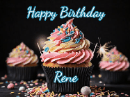 Happy Birthday Rene GIF: A delicious cupcake gif with animated sparkles reading Happy Birthday with a name to customize