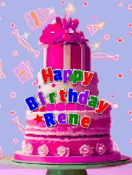 Happy Birthday Rene GIF: A big beautiful birthday cake gif with falling confetti, sparklers, and balloons, reads Happy Birthday Name. Customize it.