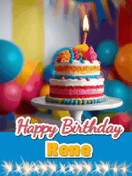 Happy Birthday Rene GIF: A birthday card gif with a cake and candle and a blue ribbon with animated sparklers. Reads Happy Birthday Name