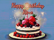 Happy Birthday Rene GIF: Animated GIF of a birthday cake covered in berries with 2 sparklers and a candle, reads Happy Birthday Name. Customize it.