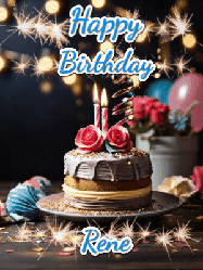 Happy Birthday Rene GIF: Sparkles and glitter happy birthday gif with a cake and flickering candles and sparklers behind the words happy birthday customize