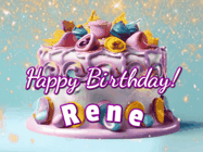 Happy Birthday Rene GIF: A beautiful birthday cake gif with animated sparkles and glitter Happy Birthday Name you can customize