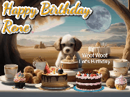 Happy Birthday Rene GIF: Animated birthday gif with a dog at a fancy birthday table loaded with cakes as hearts appear. It reads Happy Birthday Customize.