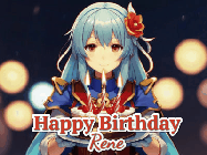 Happy Birthday Rene GIF: Anime girl holding a birthday cake and an animated sword falls into it. Text reads Happy Birthday Customize