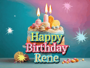 Happy Birthday Rene GIF: A colorful animated Happy Birthday Cake GIF with swirling sparkles and flickering candles. It reads Happy Birthday Name