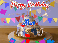 Happy Birthday Rene GIF: Happy Birthday Cake GIF with a cat, lamb, and squirrel on the cake with flickering candles, a sparkler, and falling confetti. Reads Happy Birthday Name and you can customize the name
